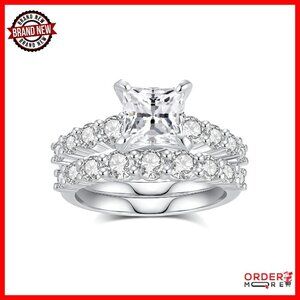 Sterling Silver Moissanite Wedding Ring Set Size 7 2CT Princess Cut